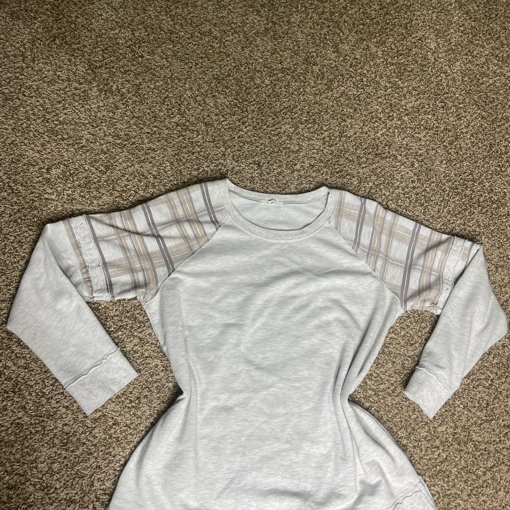 Gray and White Fitted Ribbed Long Sleeve Tee